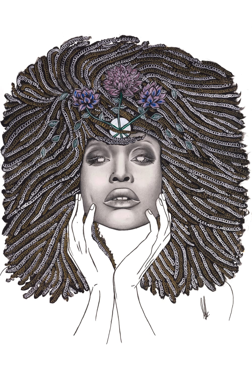 Erykah Badu, drawn in graphite and ink, her hair crowned with flowers.