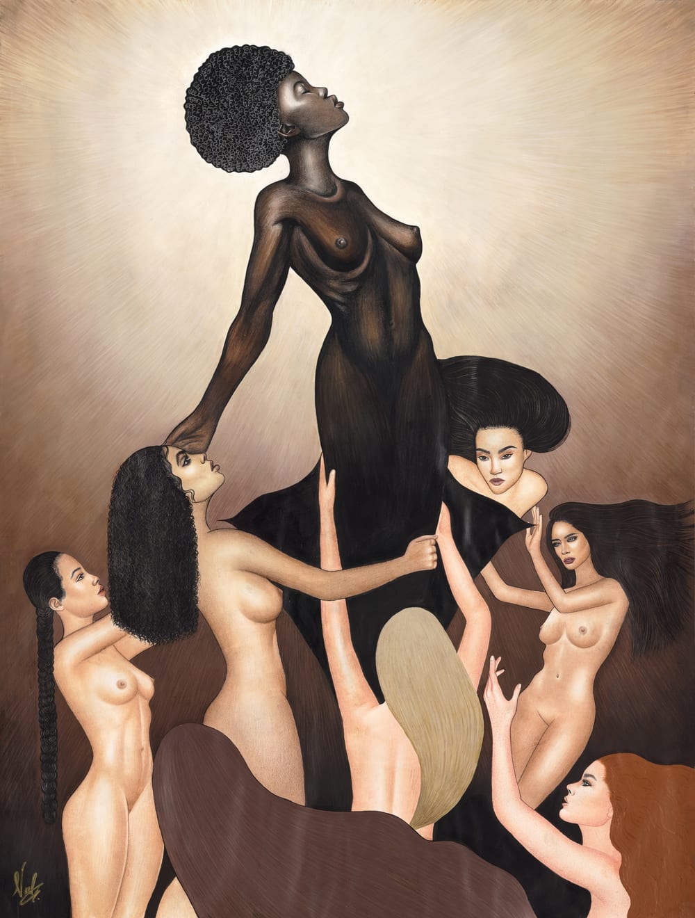 God is a Black Woman: a woman stands above a group of women who reach up toward her.