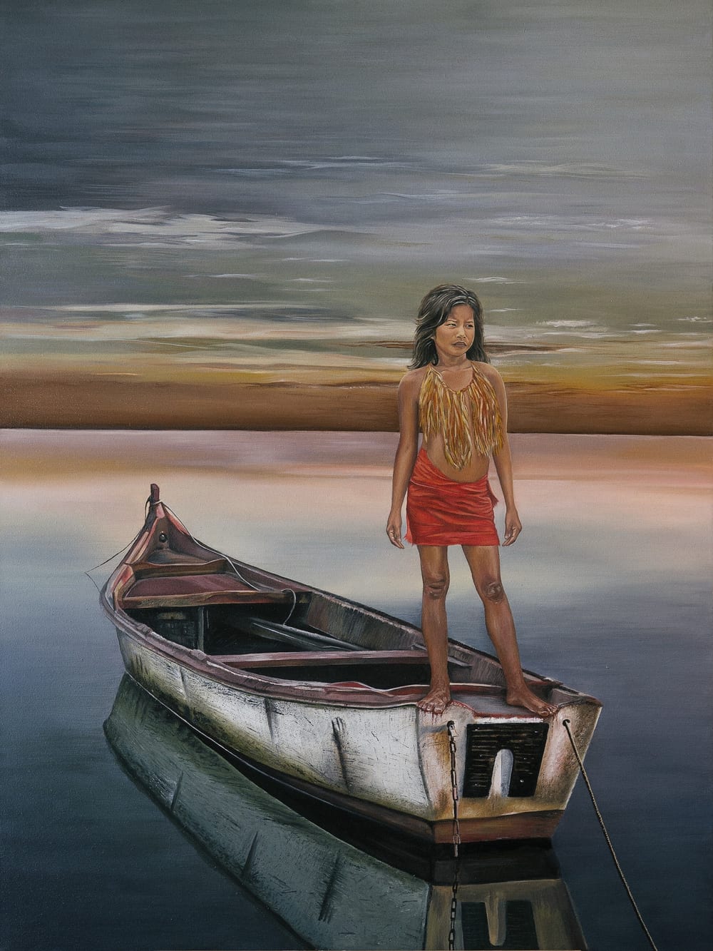 Guerrera, oil painting: a girl in a fringed top and red skirt stands on the stern of a weathered boat on still water at dusk.