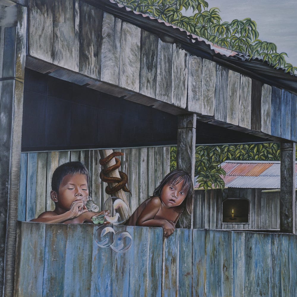 Inocencia, oil painting: two children lean over a weathered blue wooden wall; one drinks from a glass while a snake coils around a post beside them.