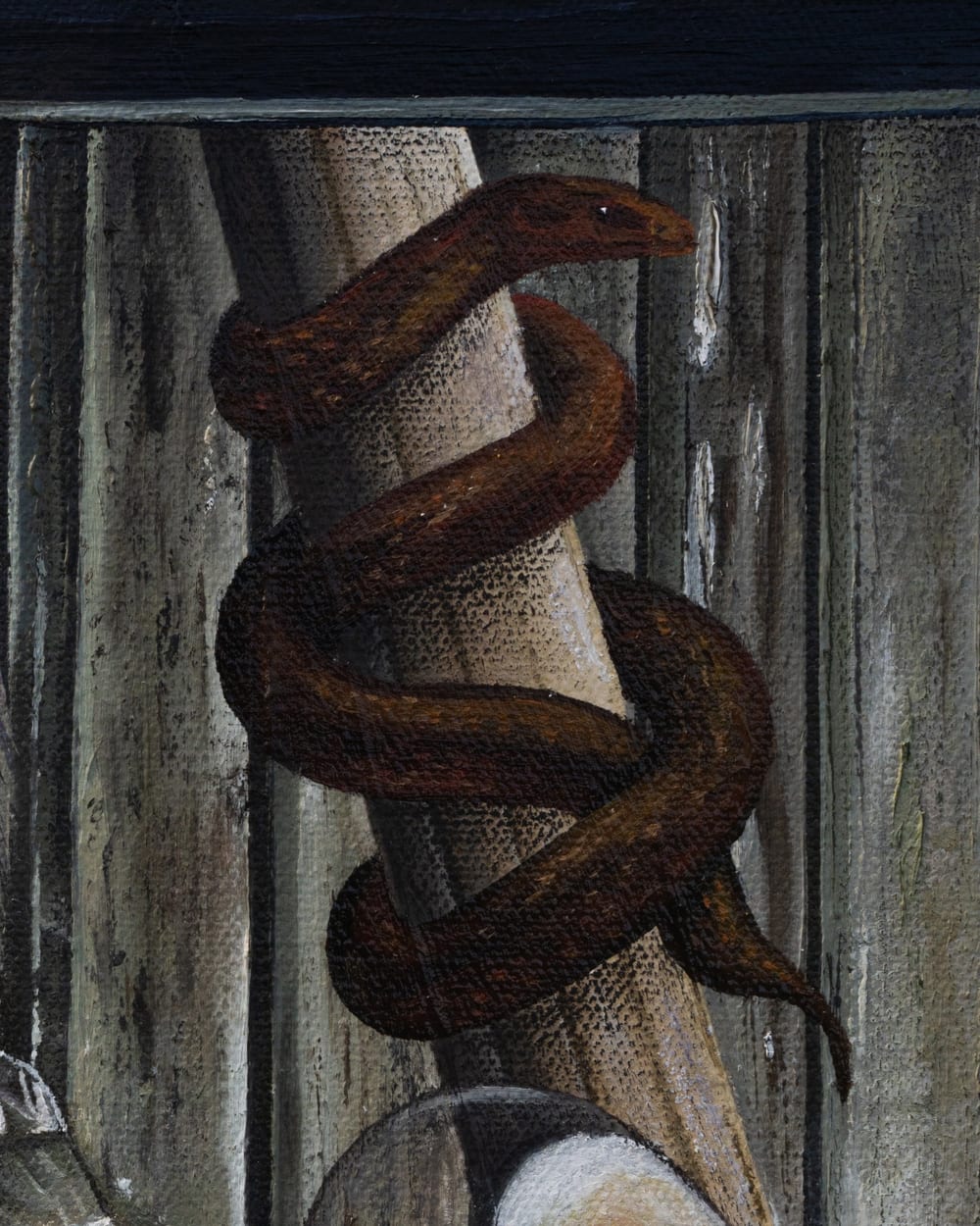 Detail of Inocencia: a snake coiled around a wooden post.