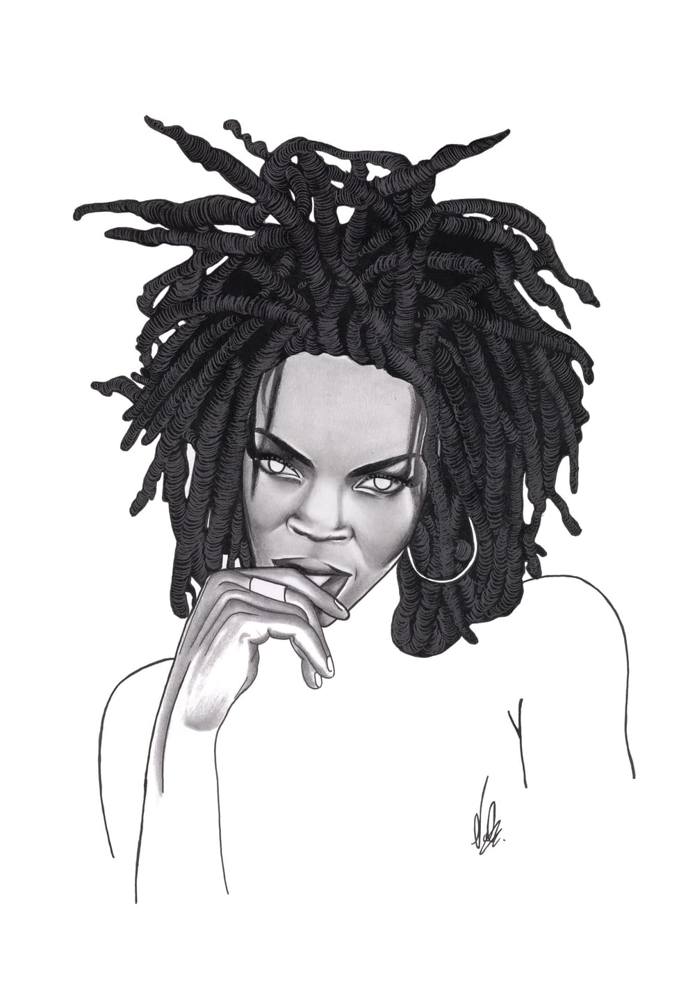 Lauryn Hill, drawn in graphite and ink, hand at her chin.