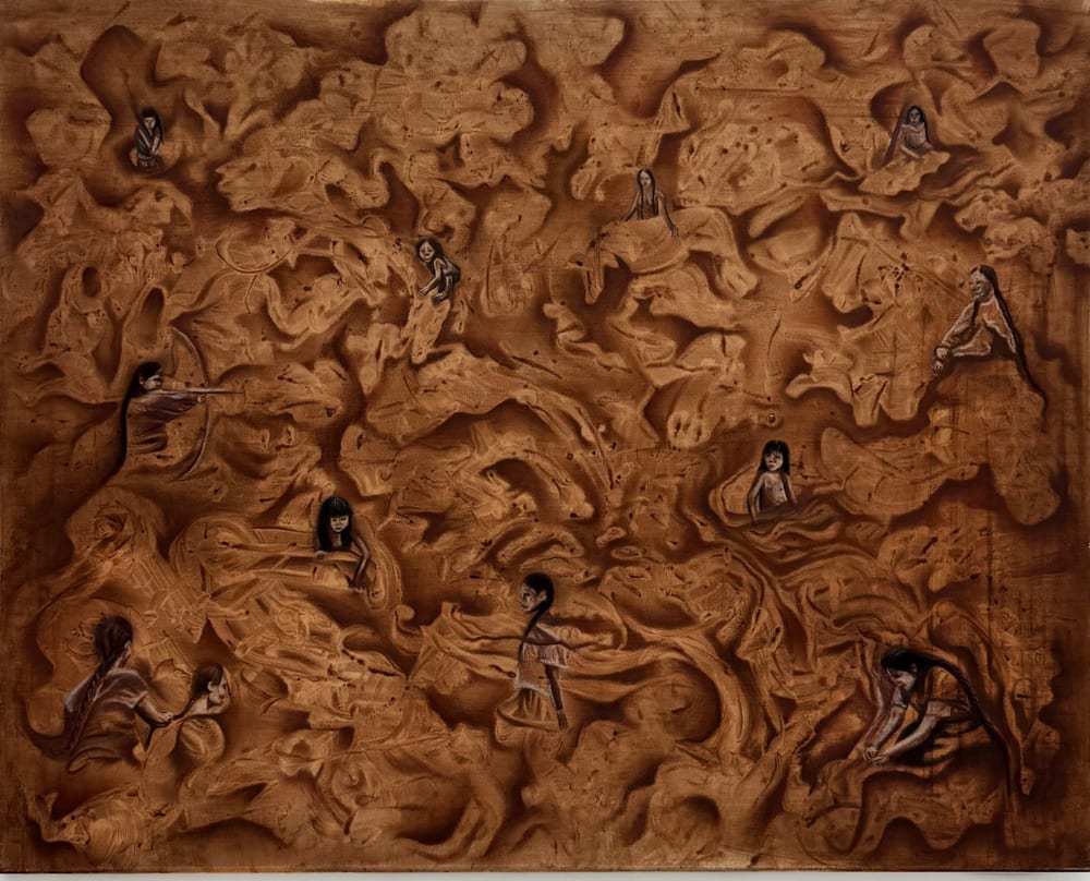 Pachamama, oil painting: a field of swirling burnt-sienna forms in which small figures of Indigenous women appear and disappear.
