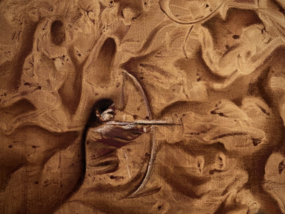 Detail of Pachamama: a woman drawing a bow.