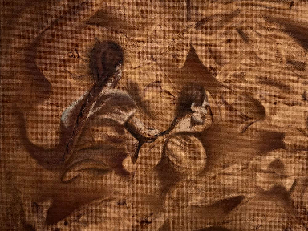 Detail of Pachamama: two women reaching toward each other.
