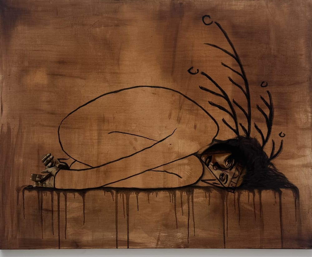 Valerian Root, oil painting: a curled figure drawn in dark line on a rust-brown ground, roots growing from her head and paint dripping below.