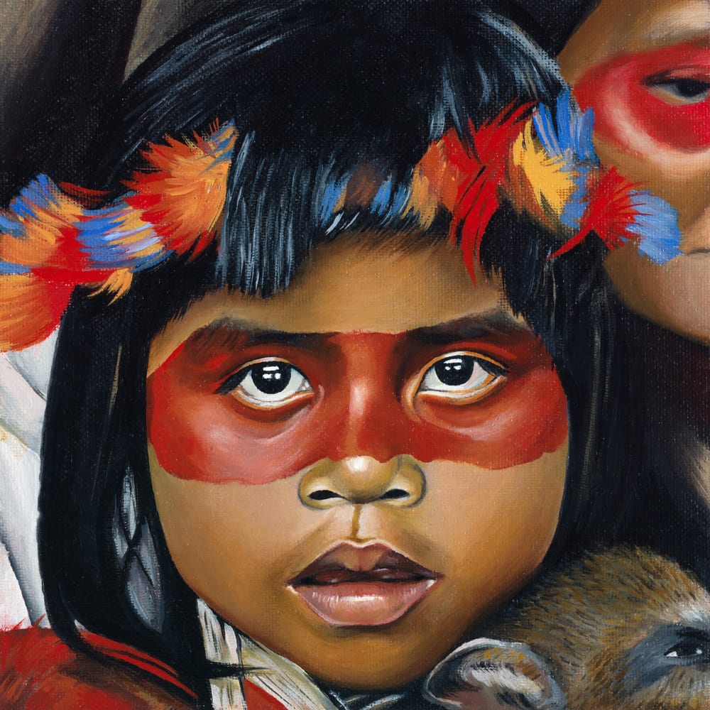 Waorani, oil painting: a child with a red painted band across the eyes and a crown of bright feathers.