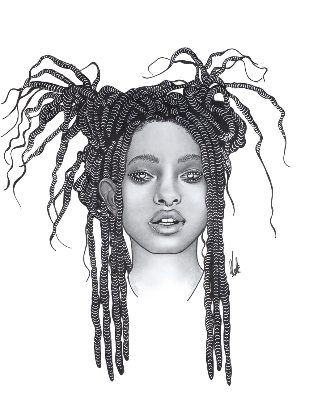 Willow Smith, drawn in graphite and ink, her braids lifting from her head.