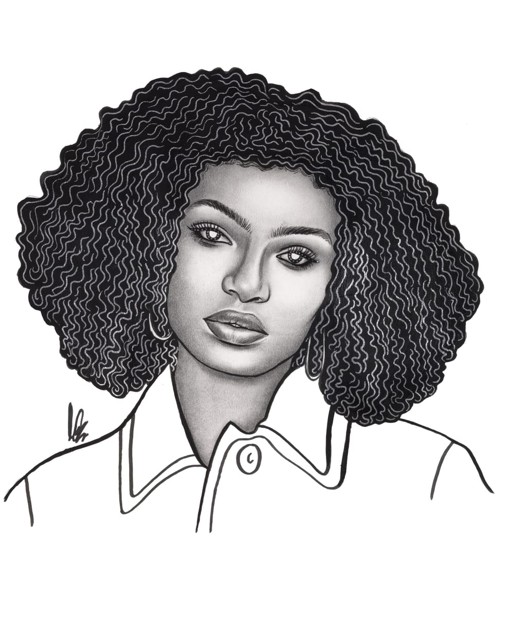 Yara Shahidi, drawn in graphite and ink, her curls framing her face.