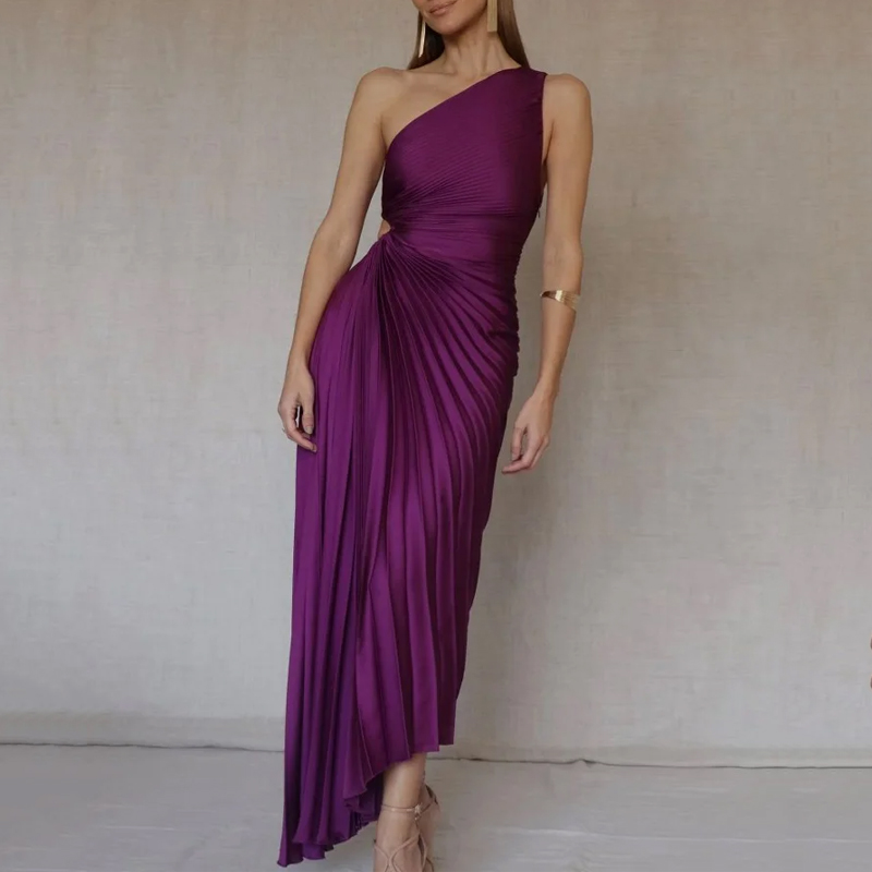 Vestido Largo Plisado Asimétrico
